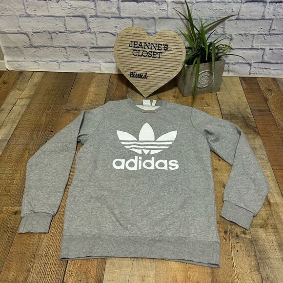 adidas Logo Graphic Sweatshirt XL 15/16 Fleece Grey/White Trefoil Logo - Picture 1 of 11